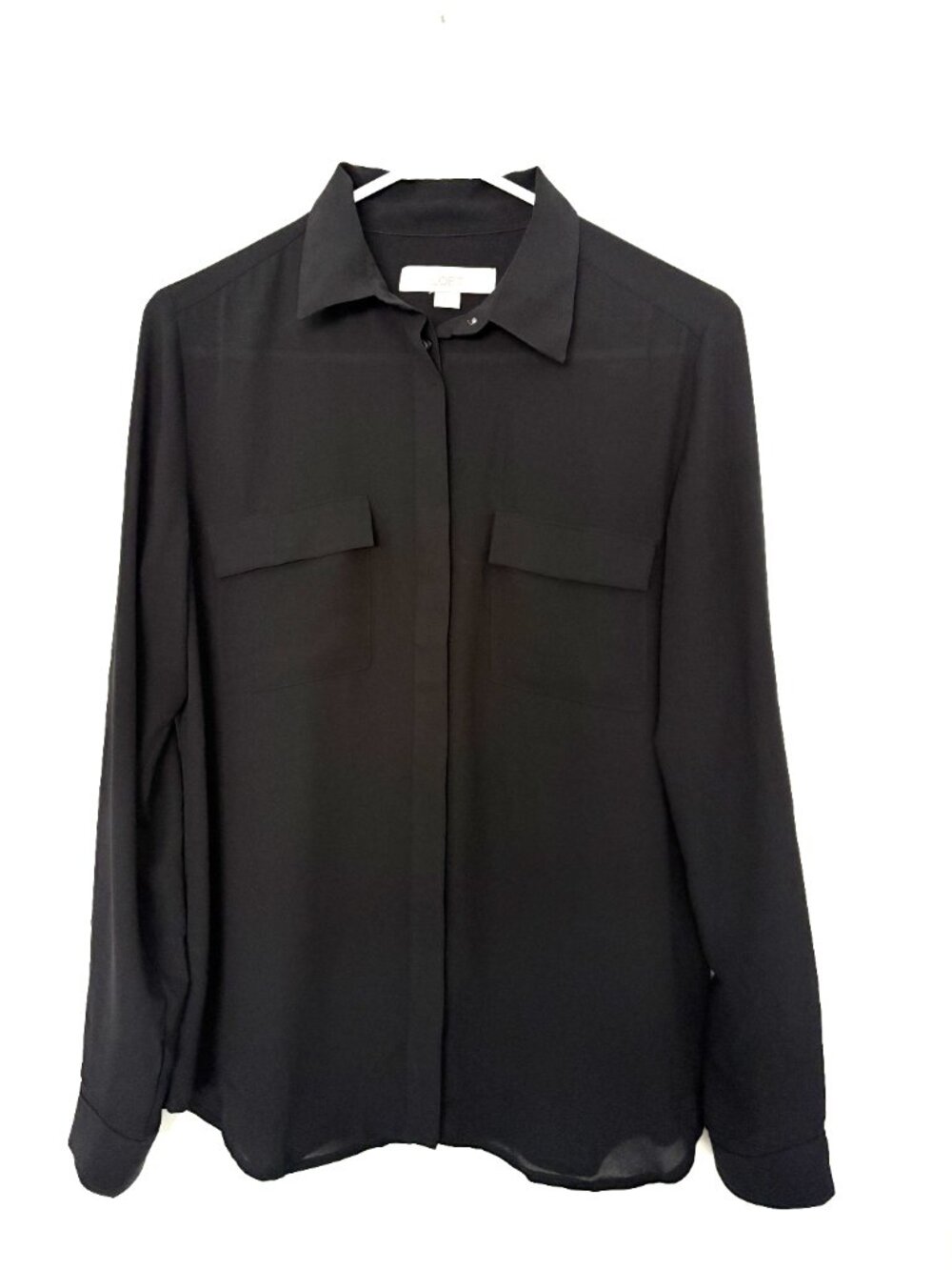 Black Button Up Long Sleeve Blouse with Double Pockets | Loft Size S
